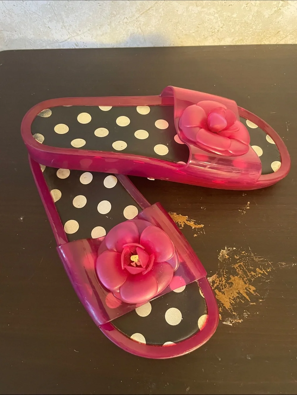 kate spade New York Splash Pink Jelly Slide Floral Sandals Polka Dot Footbed